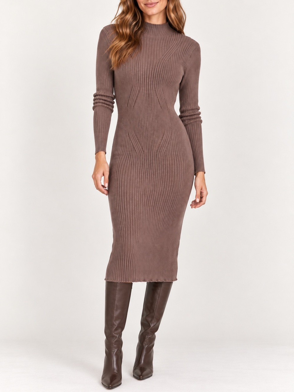 NWT The Workshop Brown Ribbed Knit Midi Sweater Dress Funnel Neck Large